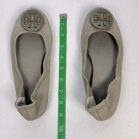 Tory Burch Minnie Suede Ballet Flats Taupe/Gray Leather Slip-On Logo Shoes 7