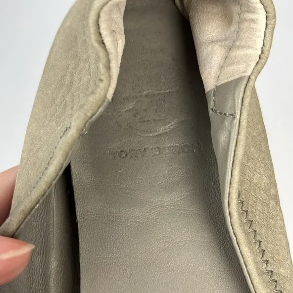 Tory Burch Minnie Suede Ballet Flats Taupe/Gray Leather Slip-On Logo Shoes 7