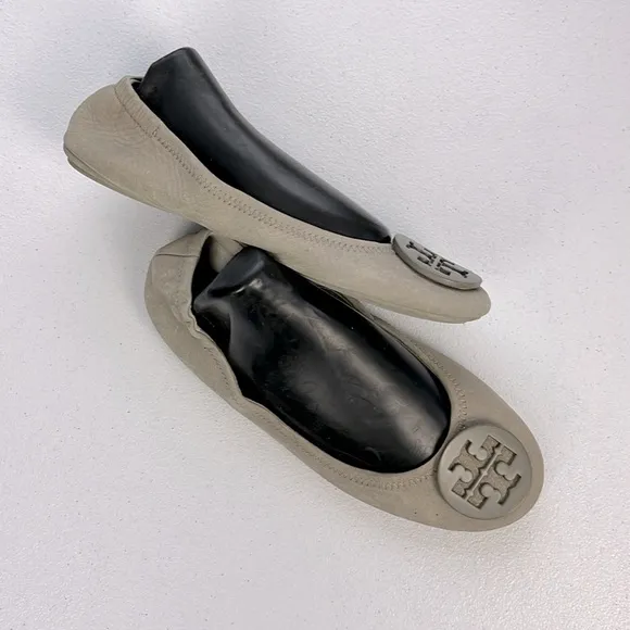 Tory Burch Minnie Suede Ballet Flats Taupe/Gray Leather Slip-On Logo Shoes 7