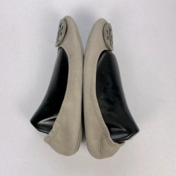 Tory Burch Minnie Suede Ballet Flats Taupe/Gray Leather Slip-On Logo Shoes 7