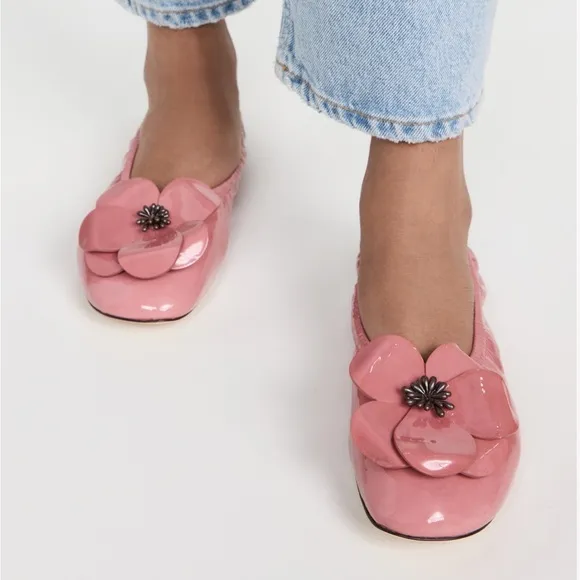 Tory Burch Pink Flower Ballet Flats Size 9 1/2 Patent Leather