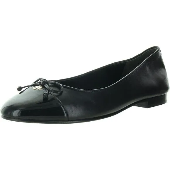 Tory Burch Womens Cap-Toe Black Bow Leather Ballet Flats Shoes NWOB