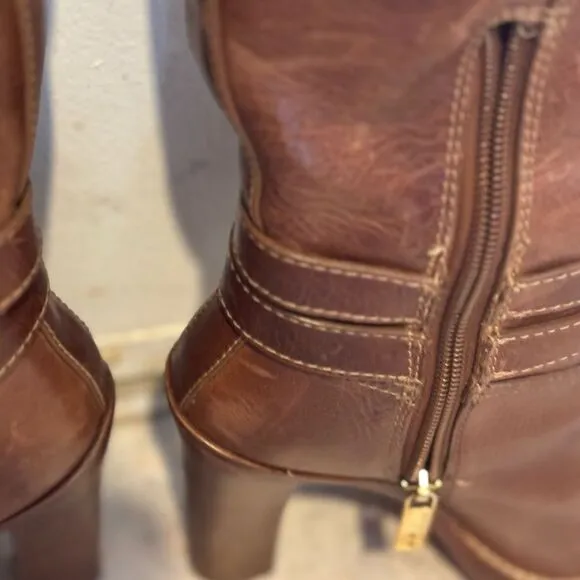 Tory Burch knee high double buckle boots leather dress shoes logo heels