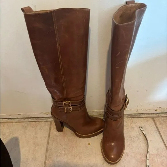 Tory Burch knee high double buckle boots leather dress shoes logo heels