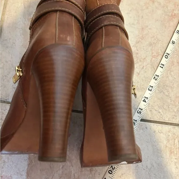 Tory Burch knee high double buckle boots leather dress shoes logo heels
