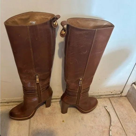 Tory Burch knee high double buckle boots leather dress shoes logo heels