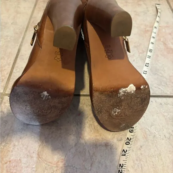 Tory Burch knee high double buckle boots leather dress shoes logo heels