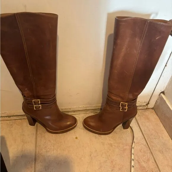 Tory Burch knee high double buckle boots leather dress shoes logo heels