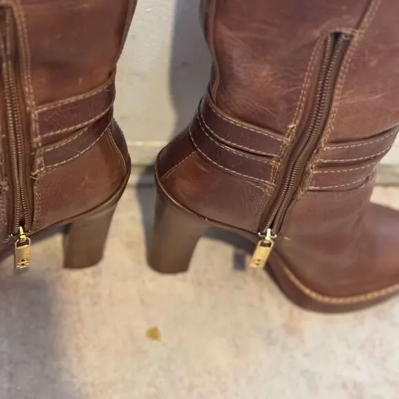 Tory Burch knee high double buckle boots leather dress shoes logo heels