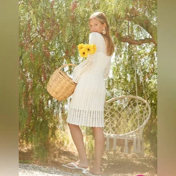 Trina Turk Gloria Dress Crochet White Bell Sleeves XL