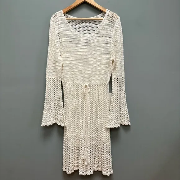 Trina Turk Gloria Dress Crochet White Bell Sleeves XL