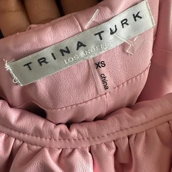 Trina Turk Pink Faux Leather Ruffled Neck Twin Falls Size XS MSRP $358