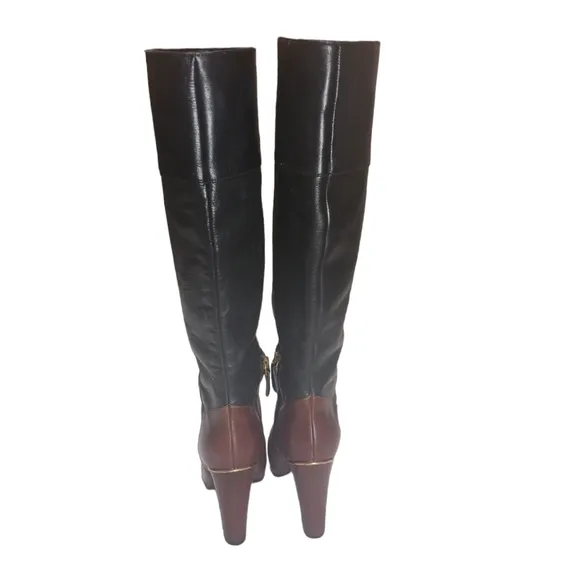 Two Toned Black &amp; Brown Knee High Leather Boots with Gold Accents