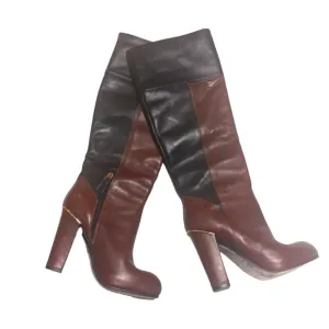 Two Toned Black &amp; Brown Knee High Leather Boots with Gold Accents