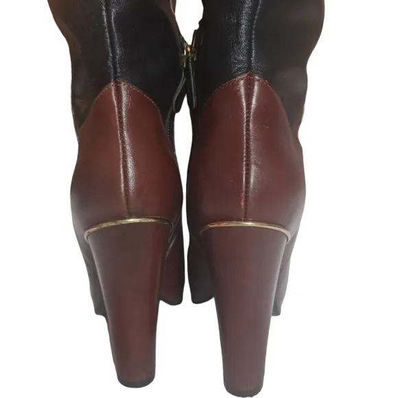Two Toned Black &amp; Brown Knee High Leather Boots with Gold Accents