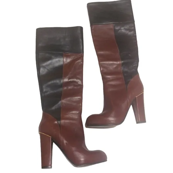 Two Toned Black &amp; Brown Knee High Leather Boots with Gold Accents