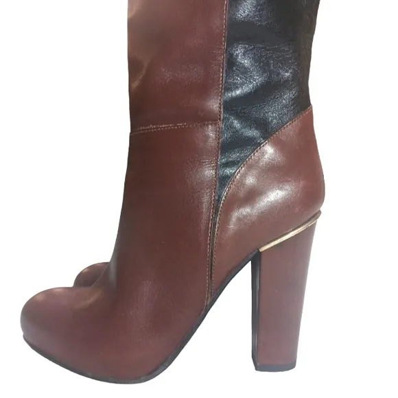 Two Toned Black &amp; Brown Knee High Leather Boots with Gold Accents