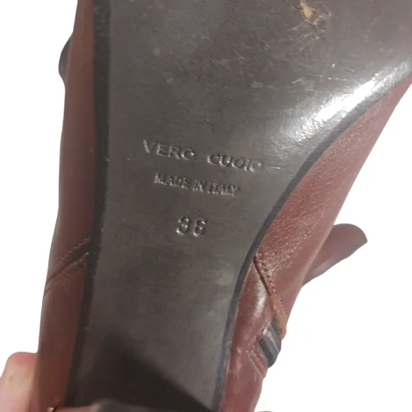 Two Toned Black &amp; Brown Knee High Leather Boots with Gold Accents