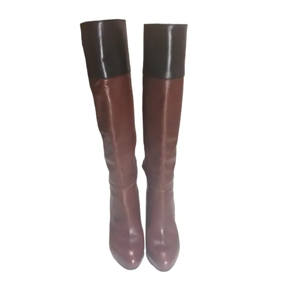 Two Toned Black &amp; Brown Knee High Leather Boots with Gold Accents