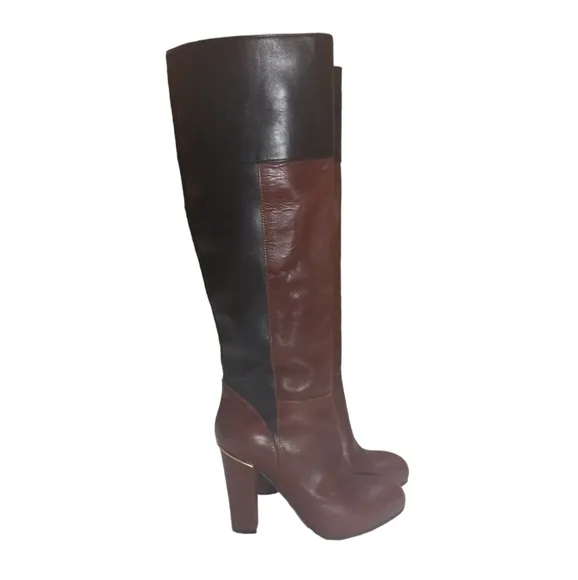 Two Toned Black &amp; Brown Knee High Leather Boots with Gold Accents