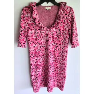 Tyler Boe Pink Leopard Mini Shift Dress With Ruffle Collar Retro