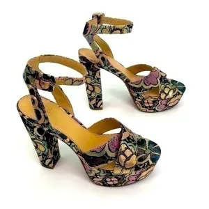 UEC Guess gold floral embroidered ankle strap platform shoes size 6.5 w/box