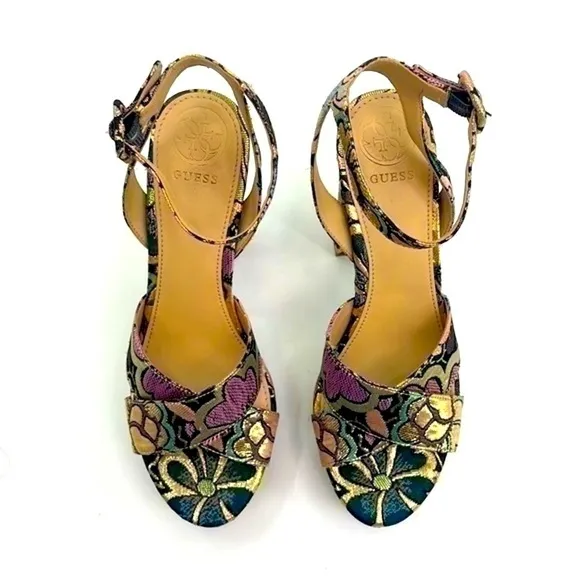 UEC Guess gold floral embroidered ankle strap platform shoes size 6.5 w/box