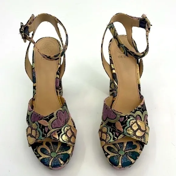 UEC Guess gold floral embroidered ankle strap platform shoes size 6.5 w/box