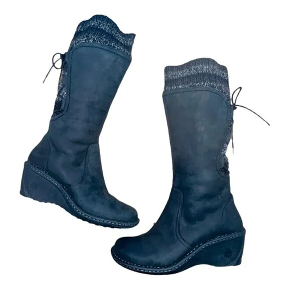 UGG Australia Skylar Wedge Boots Black Leather &amp; Knit Lace/Zip Up 2.5&quot; Heel Sz 9