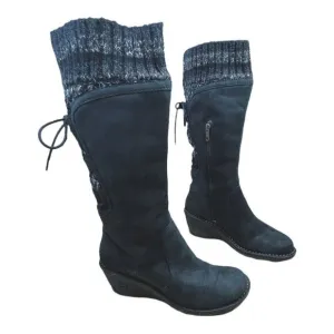 UGG Australia Skylar Wedge Boots Black Leather &amp; Knit Lace/Zip Up 2.5&quot; Heel Sz 9