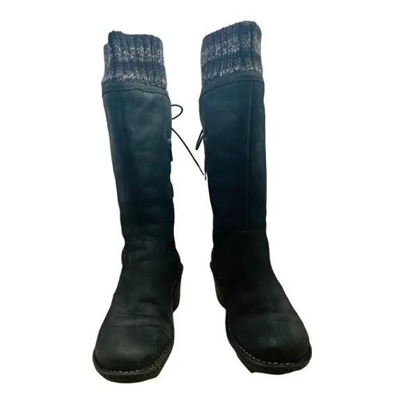 UGG Australia Skylar Wedge Boots Black Leather &amp; Knit Lace/Zip Up 2.5&quot; Heel Sz 9