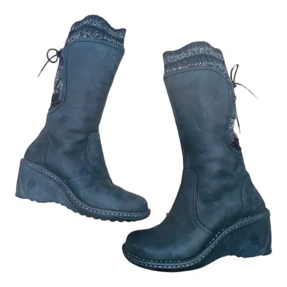 UGG Australia Skylar Wedge Boots Black Leather &amp; Knit Lace/Zip Up 2.5&quot; Heel Sz 9