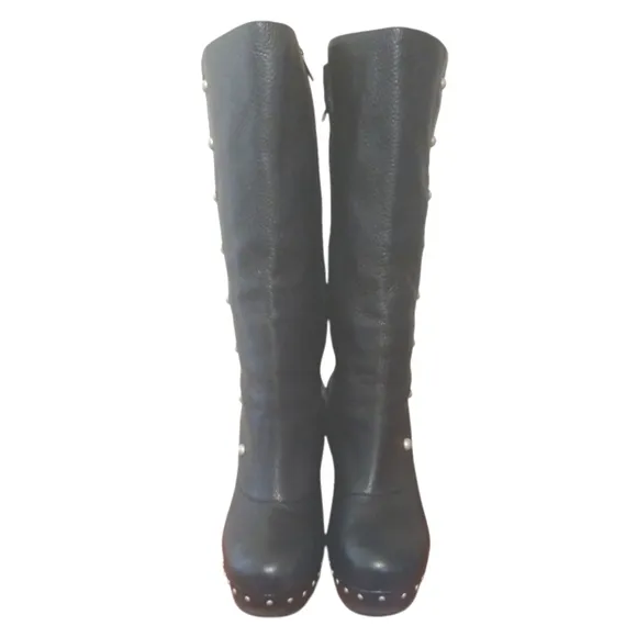 UGG Black Knee High Leather Boots Tall Studded Platform Heeled Boots 10