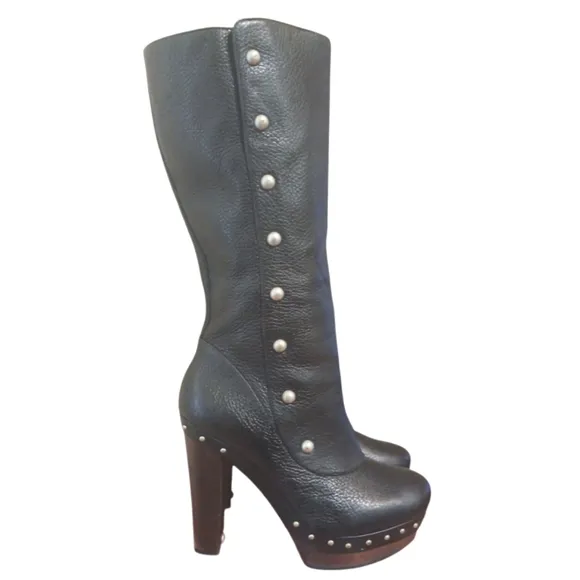 UGG Black Knee High Leather Boots Tall Studded Platform Heeled Boots 10