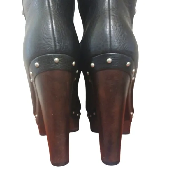UGG Black Knee High Leather Boots Tall Studded Platform Heeled Boots 10