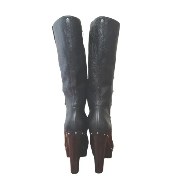 UGG Black Knee High Leather Boots Tall Studded Platform Heeled Boots 10