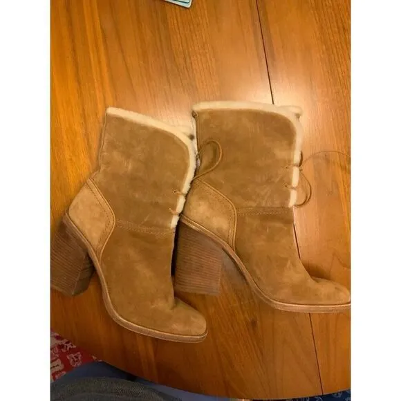 UGG Jerene Fashion Boots Cognac Suede Stacked Block Heel Booties 9