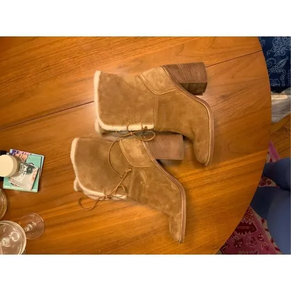 UGG Jerene Fashion Boots Cognac Suede Stacked Block Heel Booties 9