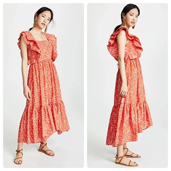 Ulla Johnson Freida Dress Printed Cotton Coral Batik Orange Size 2