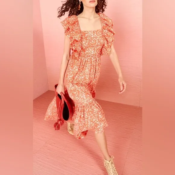 Ulla Johnson Freida Dress Printed Cotton Coral Batik Orange Size 2