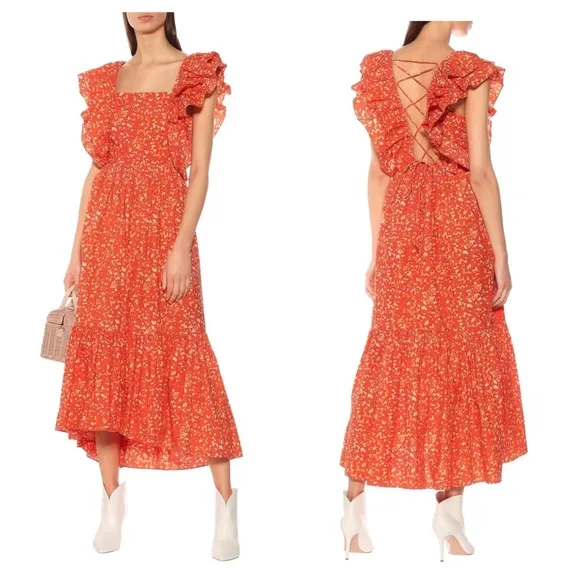 Ulla Johnson Freida Dress Printed Cotton Coral Batik Orange Size 2