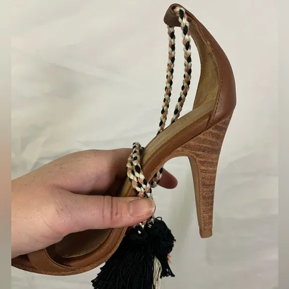 Ulla Johnson NEW Reina Heels Tassel Wrap Ankle Brown  Leather Peep Toe- Size 5.5