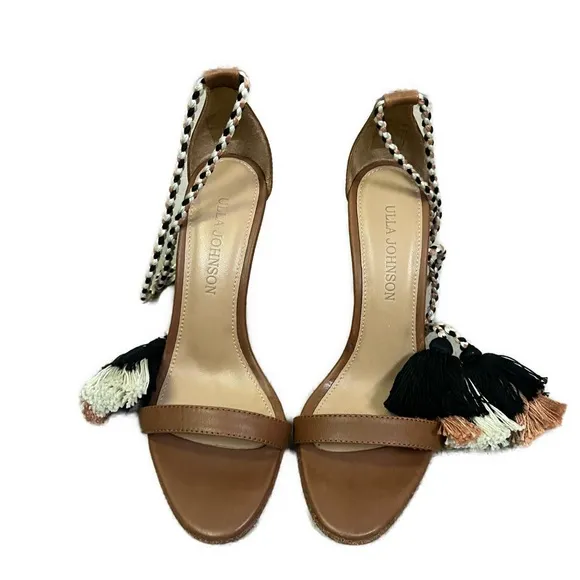 Ulla Johnson NEW Reina Heels Tassel Wrap Ankle Brown  Leather Peep Toe- Size 5.5