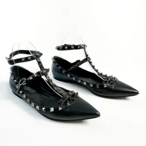 VALENTINO Black Rockstud Caged Flat Size 37.5 Pointed Toe Leather Gladiator Shoe