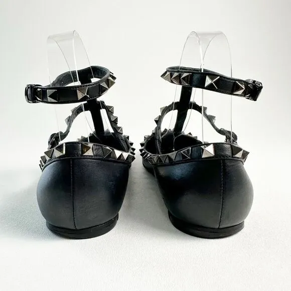 VALENTINO Black Rockstud Caged Flat Size 37.5 Pointed Toe Leather Gladiator Shoe