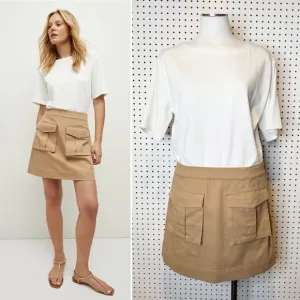 Veronica Beard | NWT Elowyn Mixed-Media Dress in White/Khaki MSRP $398 Sz. L