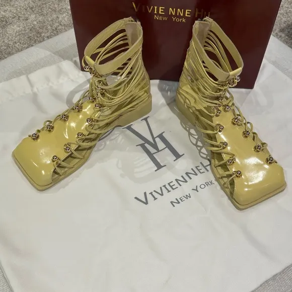 VHNY Vivienne Hu size 37 or 7 Lemon Studded Leather Straps NEW w/Box &amp; Dust Bag