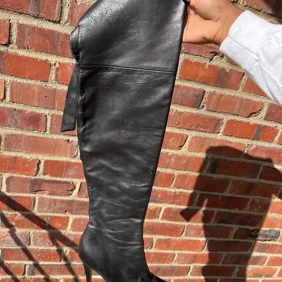 Via Spiga over the knee high black leather heeled boots tie strap