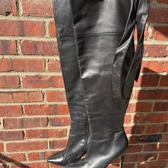 Via Spiga over the knee high black leather heeled boots tie strap