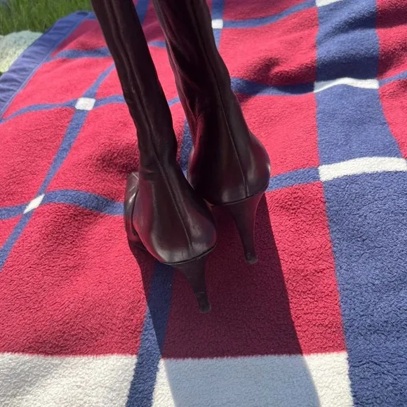 Via Spiga over the knee high black leather heeled boots tie strap
